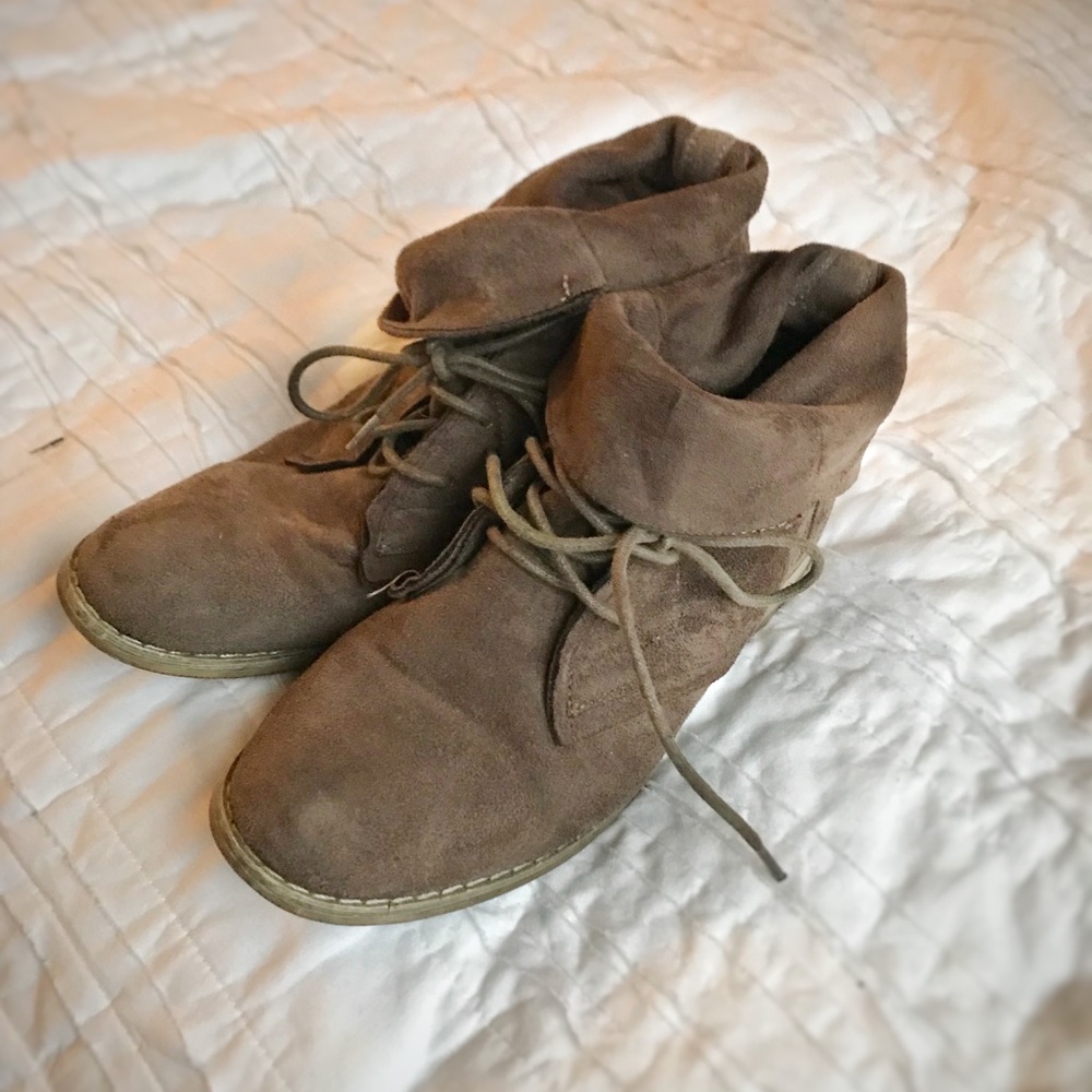 Brown suede leather fold over ankle booties